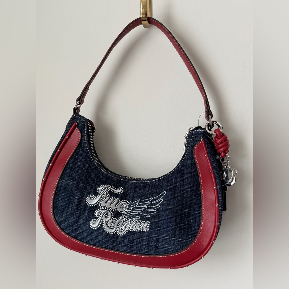 True Religion denim rhinestone logo with res leather trim shoulder Bag